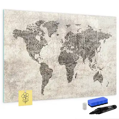 Magnetic marker board featuring a world map made from newspapers