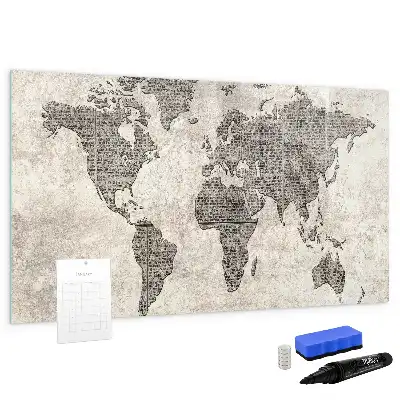 Magnetic marker board featuring a world map made from newspapers