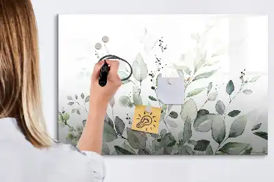 Magnetic glass dry erase board with plant leaf design