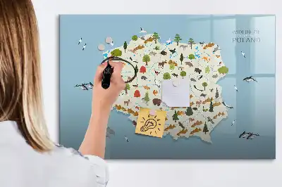 Magnetic glass dry erase board featuring a map of Poland with animal illustrations