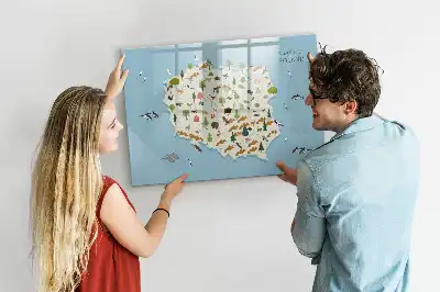 Magnetic glass dry erase board featuring a map of Poland with animal illustrations
