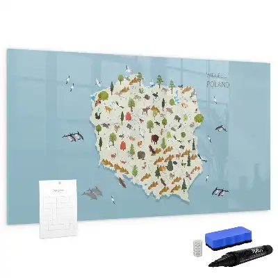 Magnetic glass dry erase board featuring a map of Poland with animal illustrations