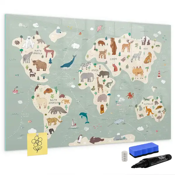 Magnetic glass dry erase board with an animal world map design