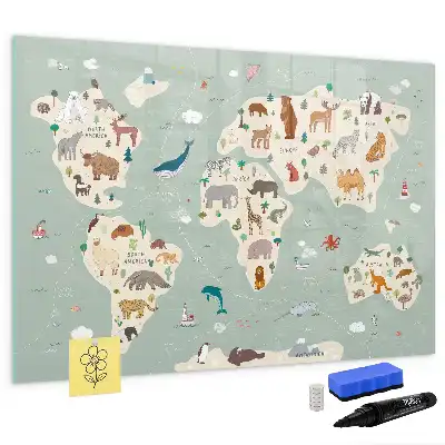 Magnetic glass dry erase board with an animal world map design