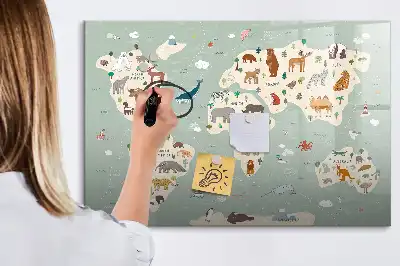 Magnetic glass dry erase board with an animal world map design