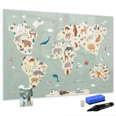Magnetic glass dry erase board with an animal world map design
