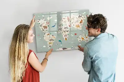 Magnetic glass dry erase board with an animal world map design