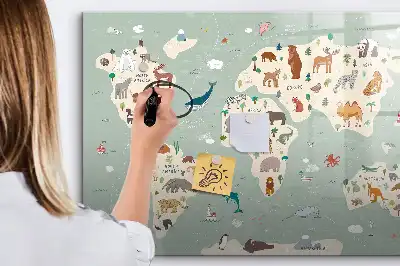 Magnetic glass dry erase board with an animal world map design