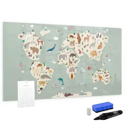 Magnetic glass dry erase board with an animal world map design