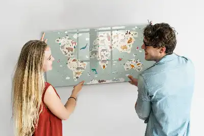 Magnetic glass dry erase board with an animal world map design