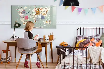 Magnetic glass dry erase board with an animal world map design