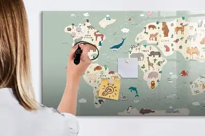 Magnetic glass dry erase board with an animal world map design