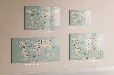 Magnetic glass dry erase board with an animal world map design