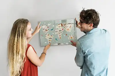 Magnetic glass dry erase board with an animal world map design