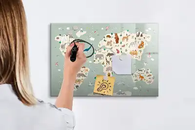 Magnetic glass dry erase board with an animal world map design