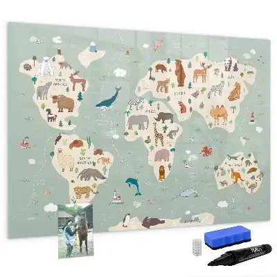 Magnetic glass dry erase board with an animal world map design