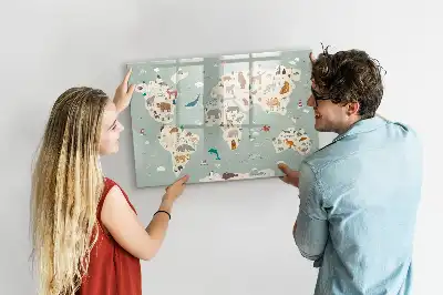 Magnetic glass dry erase board with an animal world map design