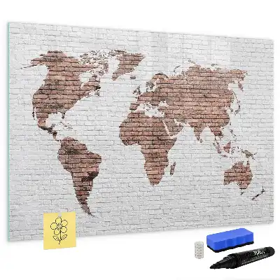 Magnetic glass dry erase board world map on brick design