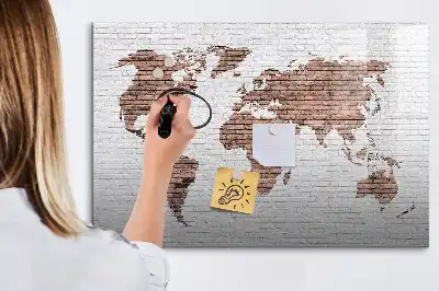 Magnetic glass dry erase board world map on brick design