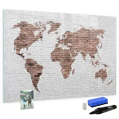 Magnetic glass dry erase board world map on brick design