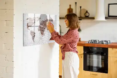 Magnetic glass dry erase board world map on brick design