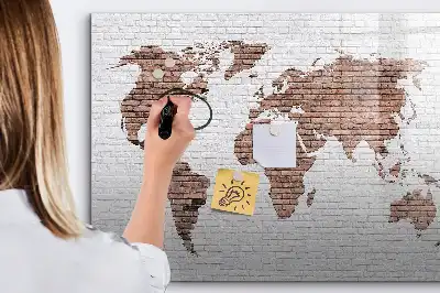 Magnetic glass dry erase board world map on brick design