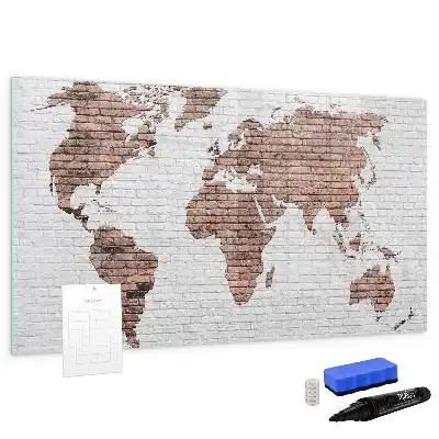 Magnetic glass dry erase board world map on brick design