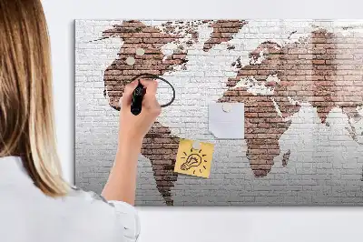 Magnetic glass dry erase board world map on brick design
