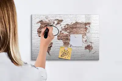 Magnetic glass dry erase board world map on brick design