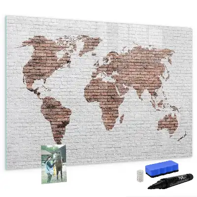 Magnetic glass dry erase board world map on brick design