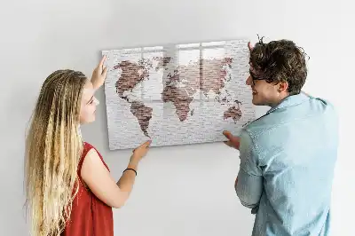 Magnetic glass dry erase board world map on brick design