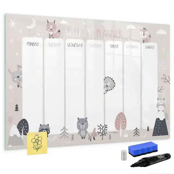 Magnetic weekly planner board with animal illustrations