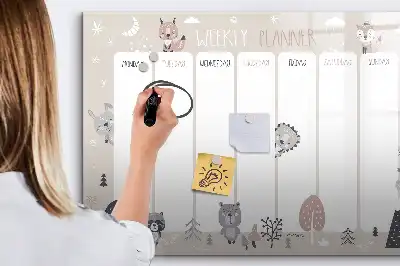Magnetic weekly planner board with animal illustrations