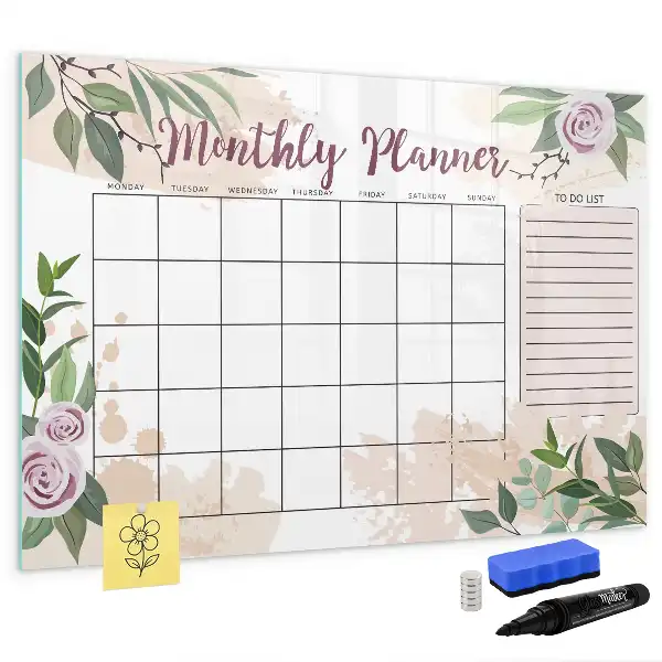Magnetic glass dry erase board with rose floral planner design