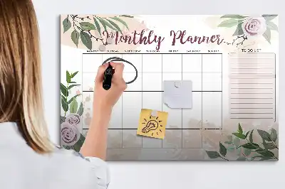 Magnetic glass dry erase board with rose floral planner design