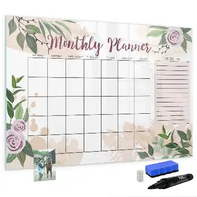 Magnetic glass dry erase board with rose floral planner design