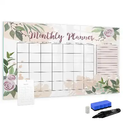 Magnetic glass dry erase board with rose floral planner design