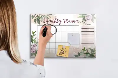 Magnetic glass dry erase board with rose floral planner design