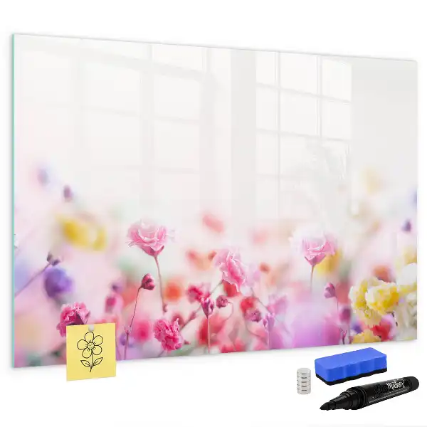 Magnetic glass dry erase board featuring a meadow flowers design