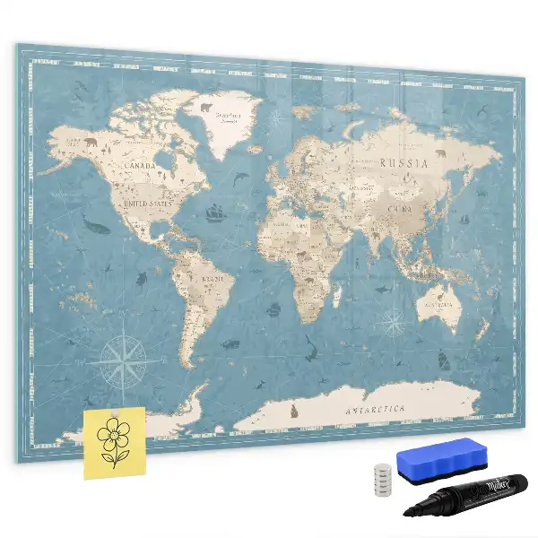 Magnetic marker board with a vintage world map design