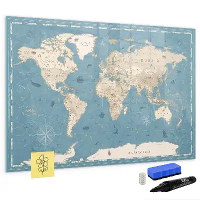 Magnetic marker board with a vintage world map design