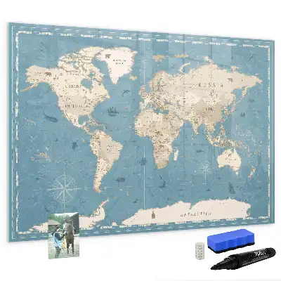 Magnetic marker board with a vintage world map design