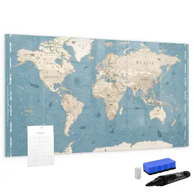 Magnetic marker board with a vintage world map design