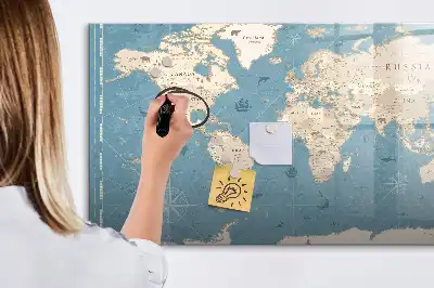 Magnetic marker board with a vintage world map design