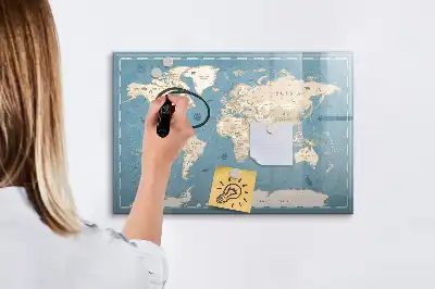 Magnetic marker board with a vintage world map design