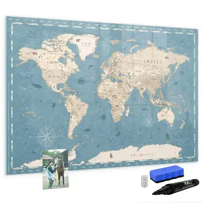 Magnetic marker board with a vintage world map design