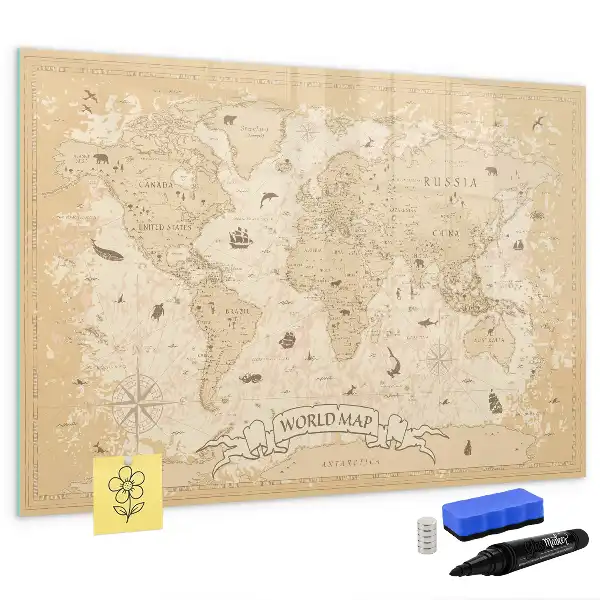 Magnetic glass dry erase board with a vintage world map design