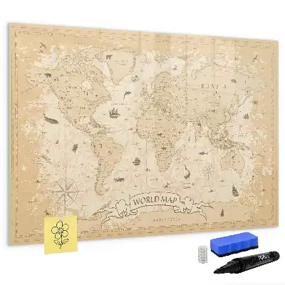 Magnetic glass dry erase board with a vintage world map design