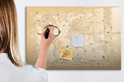 Magnetic glass dry erase board with a vintage world map design