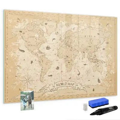 Magnetic glass dry erase board with a vintage world map design